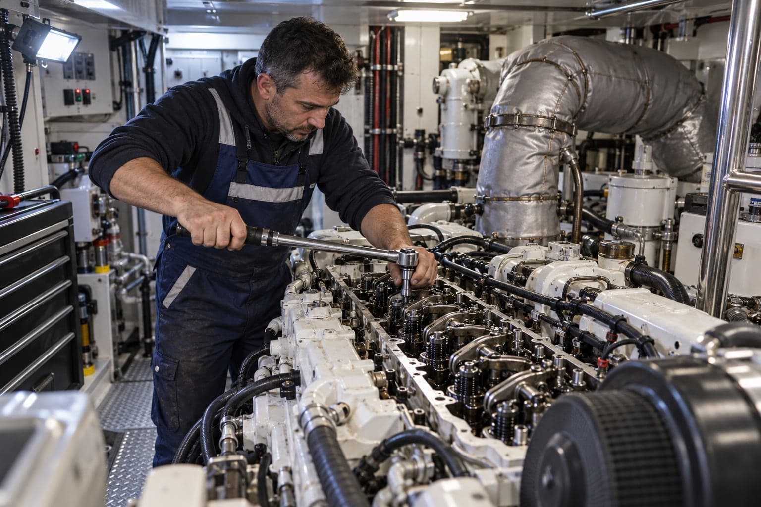 Makine dairesinde ana makine üzerinde tork anahtarıyla çalışan teknisyen